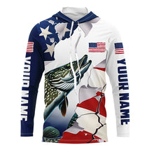 Load image into Gallery viewer, Personalized American Flag Northern Pike Fishing Long Sleeve Shirts, Patriotic Pike Fishing Jerseys IPHW6108