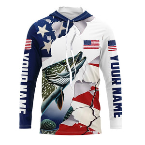 Personalized American Flag Northern Pike Fishing Long Sleeve Shirts, Patriotic Pike Fishing Jerseys IPHW6108