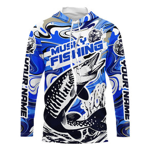 Custom Musky Long Sleeve Tournament Fishing Shirts, Water Camo Muskie Fishing Jerseys | Blue IPHW6139