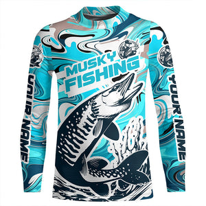 Custom Musky Long Sleeve Tournament Fishing Shirts, Water Camo Muskie Fishing Jerseys | Teal Blue IPHW6166