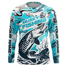 Load image into Gallery viewer, Custom Musky Long Sleeve Tournament Fishing Shirts, Water Camo Muskie Fishing Jerseys | Teal Blue IPHW6166