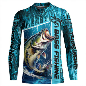 Custom Teal Blue Camo Bass Long Sleeve Tournament Fishing Shirts, Bass Fishing Jerseys IPHW5826