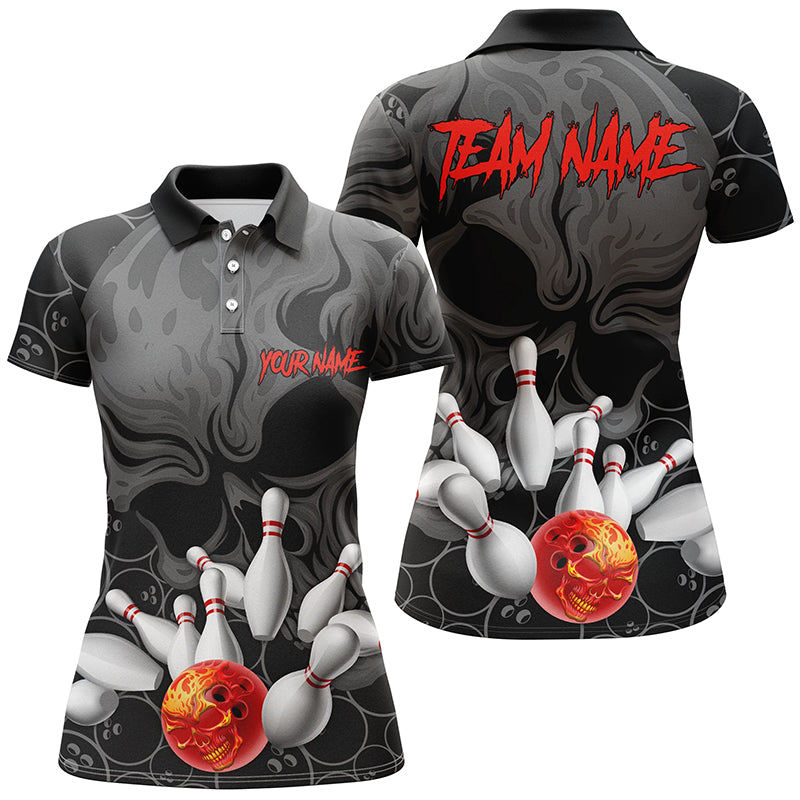 Custom Flame Skull Ladies Bowling Polo Shirts Skull Bowling Team Jerseys IPHW5366