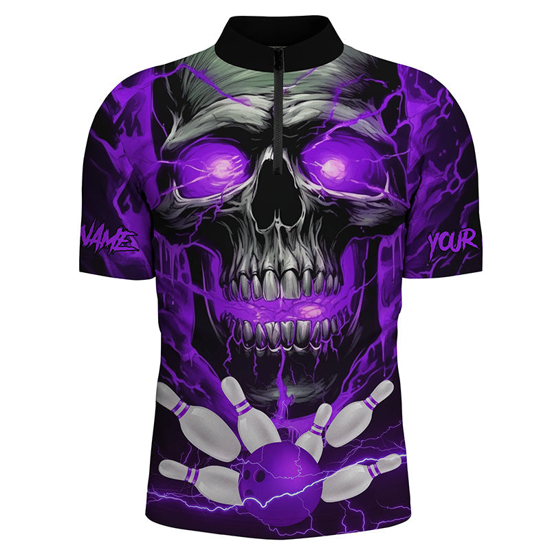 Custom Purple Thunder Lightning Skull Bowling Team Jerseys Men Quarter Zip Shirts Bowling League IPHW5369