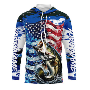 Custom American Flag Bass Long Sleeve Fishing Shirts, Patriotic Blue Camo Bass Fishing Jerseys IPHW6006