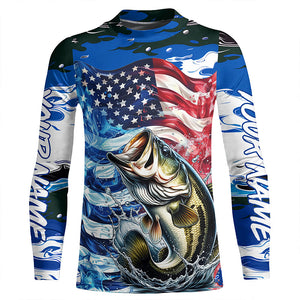 Custom American Flag Bass Long Sleeve Fishing Shirts, Patriotic Blue Camo Bass Fishing Jerseys IPHW6006