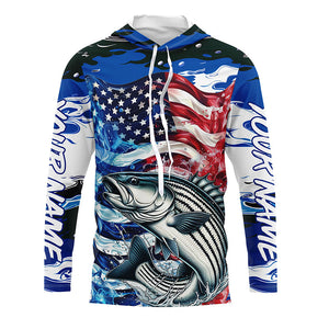 Custom American Flag Striped Bass Long Sleeve Fishing Shirts, Blue Camo Striper Fishing Jerseys IPHW6008