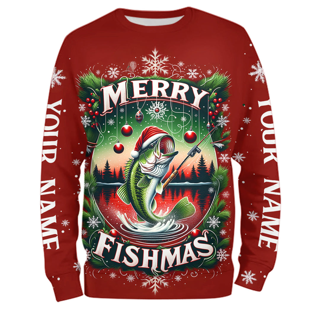 Merry Fishmas Custom Christmas Bass  Full Printing Fishing Shirts Fishing Gifts For Adult And Kid IPHW5553