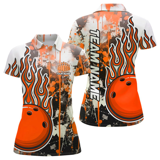 Orange Camo Flame Bowling Polo Shirts For Women Custom Bowling Team Jerseys Bowling League IPHW5419