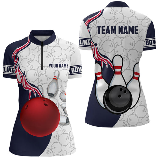 Custom Women Bowling Quarter-Zip Shirts Bowling Ball And Pins League Bowling Jerseys Outfit IPHW5305