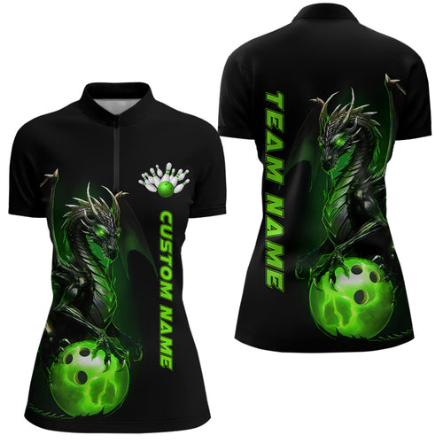 Custom Women Bowling Quarter Zip Shirts Green Dragon Bowling Team Jerseys Bowling League IPHW5350