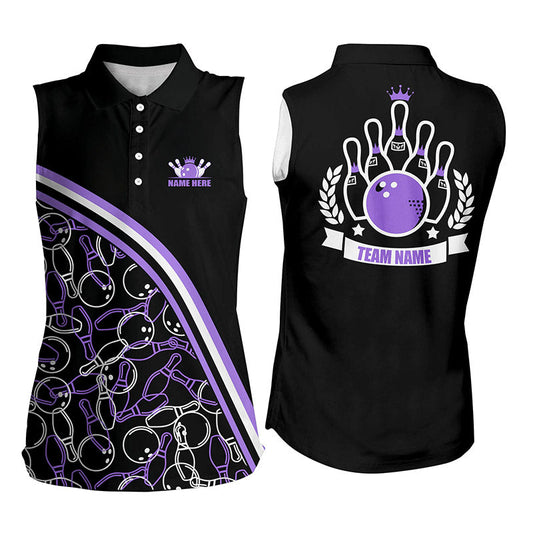 Personalized bowling Sleeveless polo shirt Custom black purple bowling pattern, bowling team shirts NQS6531