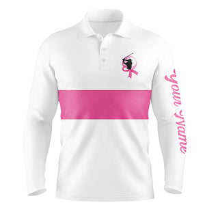 White and pink Breast Cancer Awareness custom Mens golf polo shirts, pink ribbon golf shirts NQS6321