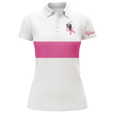 Load image into Gallery viewer, White and pink Breast Cancer Awareness custom Women golf polo shirt, pink ribbon golf shirts NQS6321