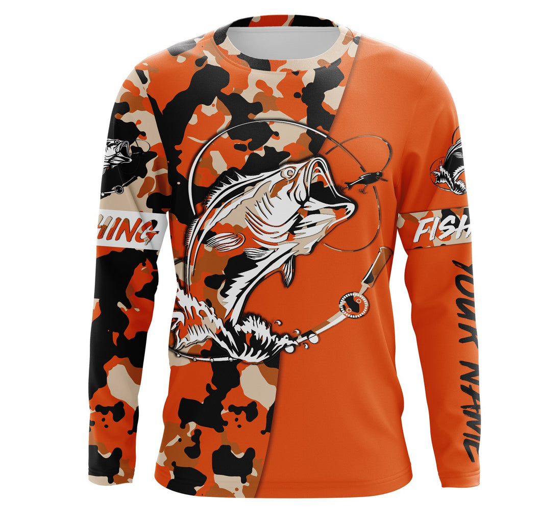 Custom Name bass fishing tattoos Camouflage Orange shirt Performance Fishing Shirt, Bass Fishing Jerseys NQS2479