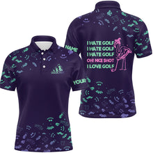 Load image into Gallery viewer, Funny mens golf polo shirts custom I hate golf nice shot I love golf purple Halloween flamingo golf NQS6351