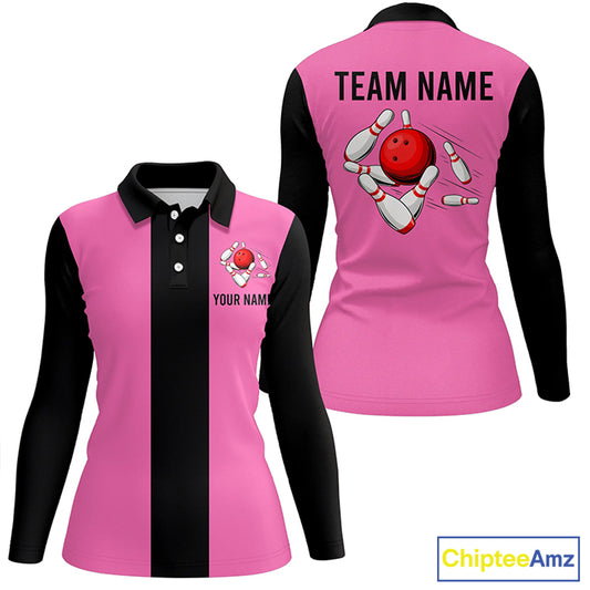 Personalized Pink Black Retro Bowling Polo shirt For women custom vintage bowling team jerseys NQS6568