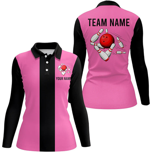 Personalized Pink Black Retro Bowling Polo shirt For women custom vintage bowling team jerseys NQS6568
