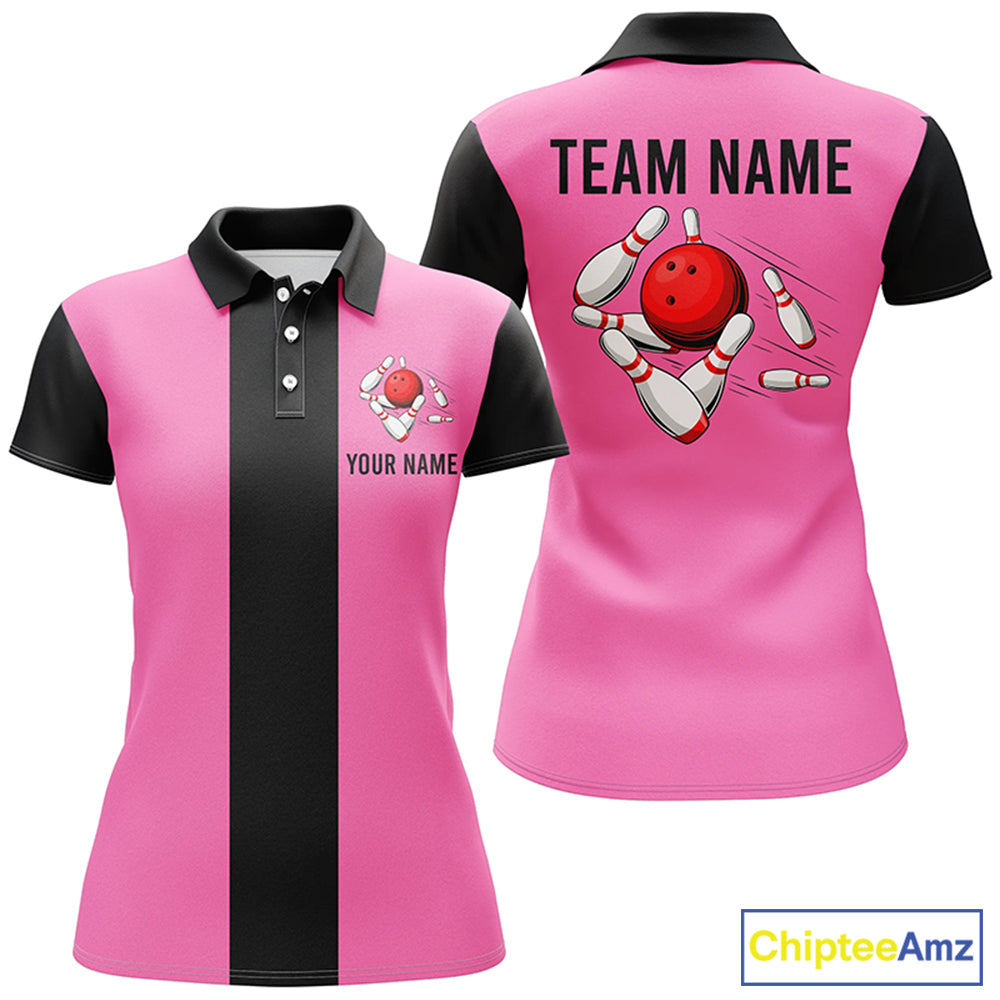 Personalized Pink Black Retro Bowling Polo shirt For women custom vintage bowling team jerseys NQS6568