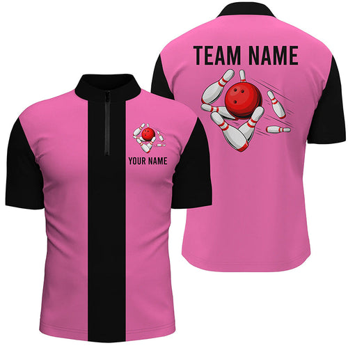 Personalized Pink Black Retro Bowling Quarter Zip shirt For Men custom vintage bowling team jerseys NQS6568