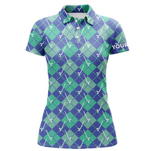 Load image into Gallery viewer, Green Blue argyle plaid pattern golf clubs custom Women golf polo shirt, ladies golf tops NQS6849