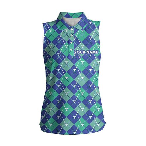 Green Blue argyle plaid pattern golf clubs custom Womens sleeveless polo shirt, ladies golf tops NQS6849
