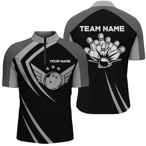 Black retro vintage Bowling Quarter Zip shirts for men custom Bowling team league jerseys NQS6593