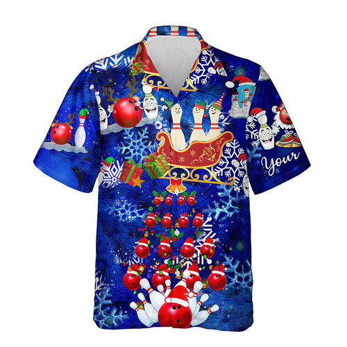 Personalized blue Christmas pattern Bowling Santa hawaiian shirts Custom team button up shirts NQS6617