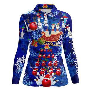 Womens Bowling Polo Shirts Custom blue Christmas pattern Bowling Santa ball pins team Ladies Jersey NQS6617