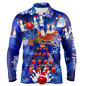 Mens Bowling Polo Shirts Custom blue Christmas pattern Bowling Santa ball pins team Mens Jersey NQS6617