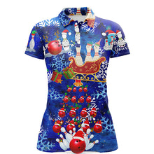 Load image into Gallery viewer, Womens Bowling Polo Shirts Custom blue Christmas pattern Bowling Santa ball pins team Ladies Jersey NQS6617