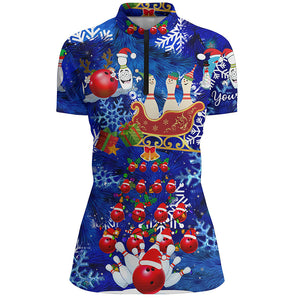 Womens Bowling Quarter-Zip Shirts Custom Christmas Bowling Santa pins blue pattern team Ladies Jersey NQS6617