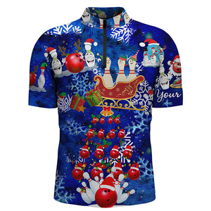 Mens Bowling Quarter-Zip Shirts Custom blue Christmas pattern Bowling Santa ball pins team Mens Jersey NQS6617