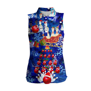 Womens Bowling sleeveless Polo Shirts blue Christmas pattern Bowling Santa ball pins team Mens Jersey NQS6617