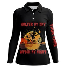 Load image into Gallery viewer, Women golf polo shirts custom name black Halloween golf tees golfer by day witch by night NQS6389