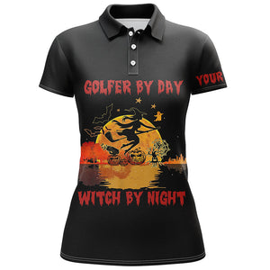 Women golf polo shirts custom name black Halloween golf tees golfer by day witch by night NQS6389