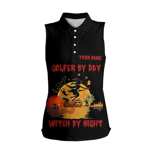 Women sleeveless golf polo shirts custom name black Halloween golf tees golfer by day witch by night NQS6389