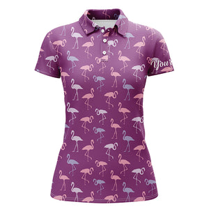 Womens golf polo shirt purple flamingos birds pattern tropical custom name team golf polo shirts NQS4950