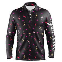 Load image into Gallery viewer, Black Mens golf polo shirt neon pink flamingos palm pattern custom team flamingo golf polo shirts NQS4952