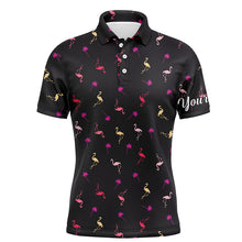 Load image into Gallery viewer, Black Mens golf polo shirt neon pink flamingos palm pattern custom team flamingo golf polo shirts NQS4952