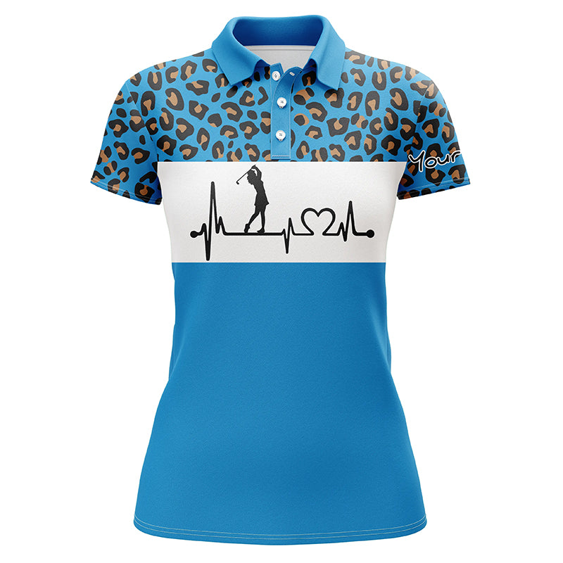Womens golf polo shirt golf heartbeat custom name leopard golf shirt, golfing gifts for women NQS4960