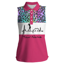 Load image into Gallery viewer, Women's sleeveless golf polo shirt custom rainbow gradient leopard golf heartbeat, golfing gifts NQS4961