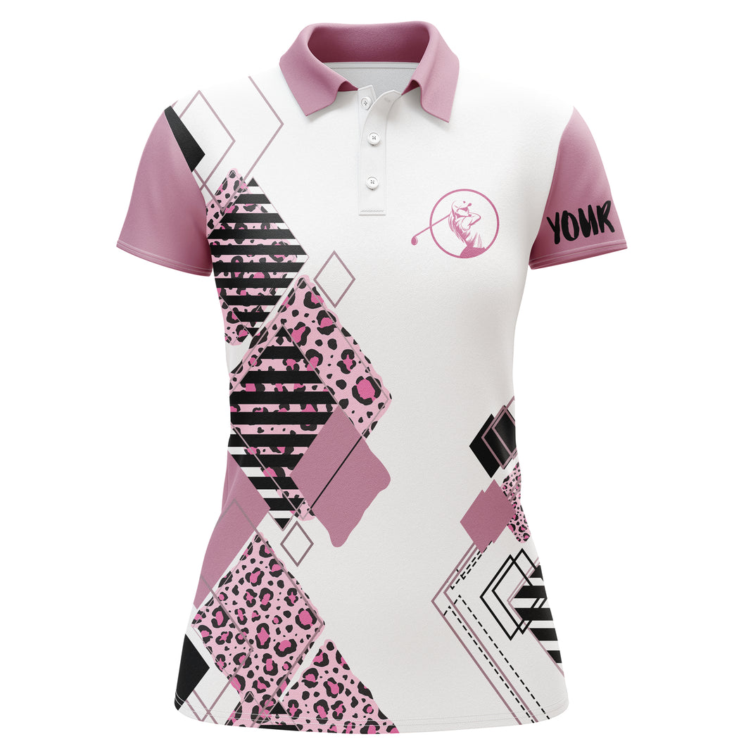 Pink womens golf polo white shirt leopard pattern custom name golf gift for women NQS3628