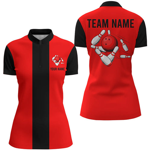 Personalized Red Black Retro Bowling Quarter Zip shirt For women custom vintage bowling team jerseys NQS6881