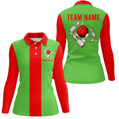 Personalized Red Green Christmas Bowling Polo shirt For women custom vintage bowling team jerseys NQS6882