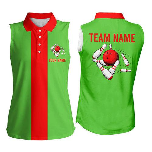 Personalized Red Green Christmas Bowling sleeveless polo shirt For women, vintage bowling team jerseys NQS6882