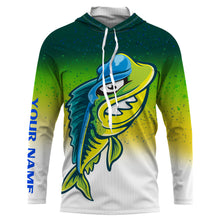 Load image into Gallery viewer, Funny Mahi mahi skeleton green scales Custom Name sun protection long sleeve hooded fishing jersey NQS3790