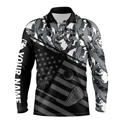 Mens golf polo shirt black American flag patriotic gray camo polo custom name golfing gifts NQS4756