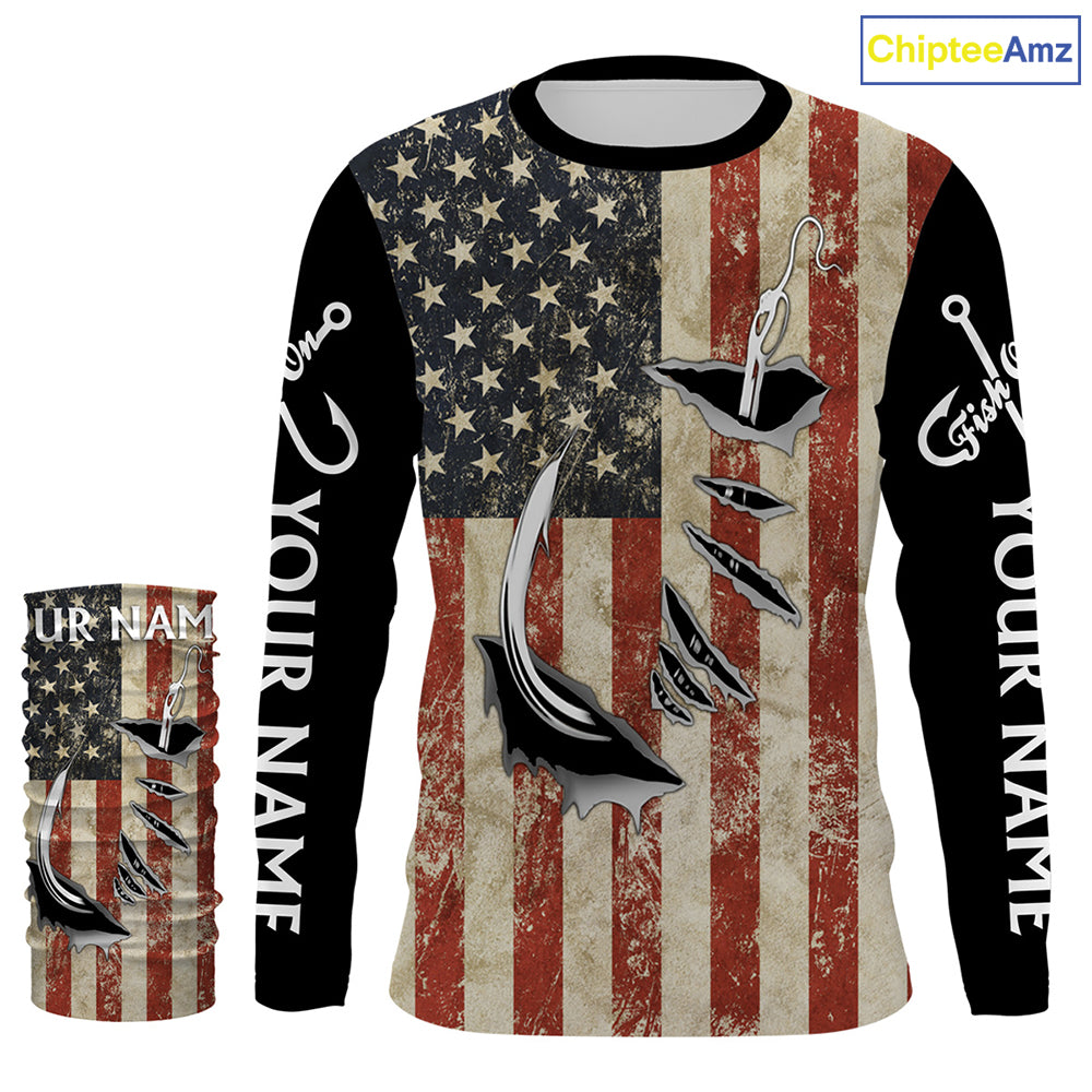 US Fishing Fish Hook American Flag patriotic UV protection custom long sleeves fishing apparel NQS1343