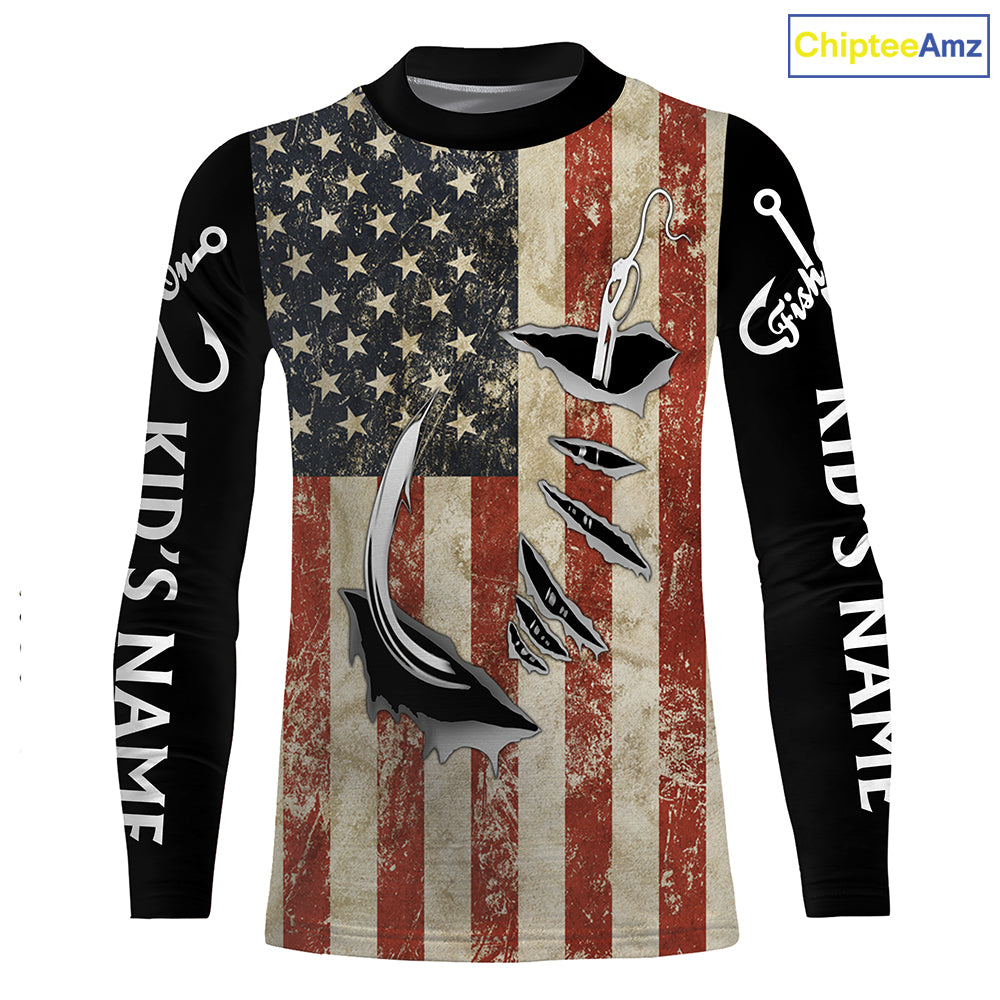 US Fishing Fish Hook American Flag patriotic UV protection custom long sleeves fishing apparel NQS1343